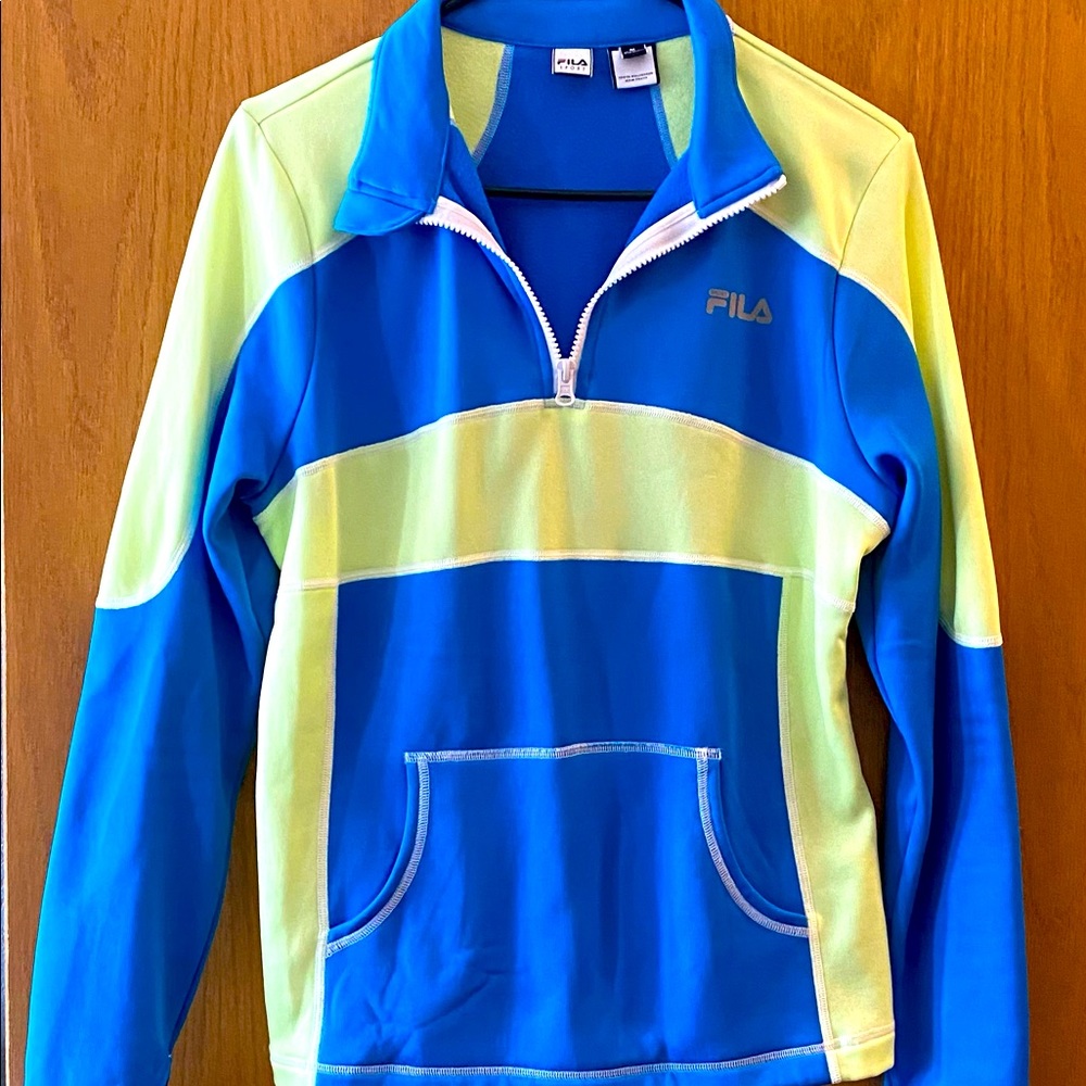 Fila Sport Neon Green/Blue Color block pull over athletic sweatshirt Size M